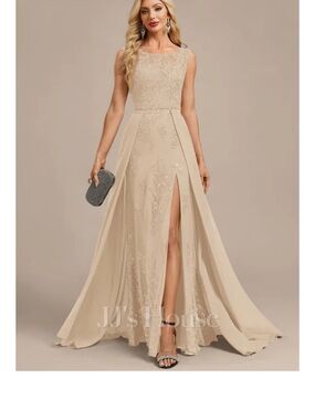 JJs House Beige Embroidered Prom Gown with Front Slit